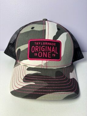 TaylorMade Black Mesh Trucker Hat with Pink Stitching